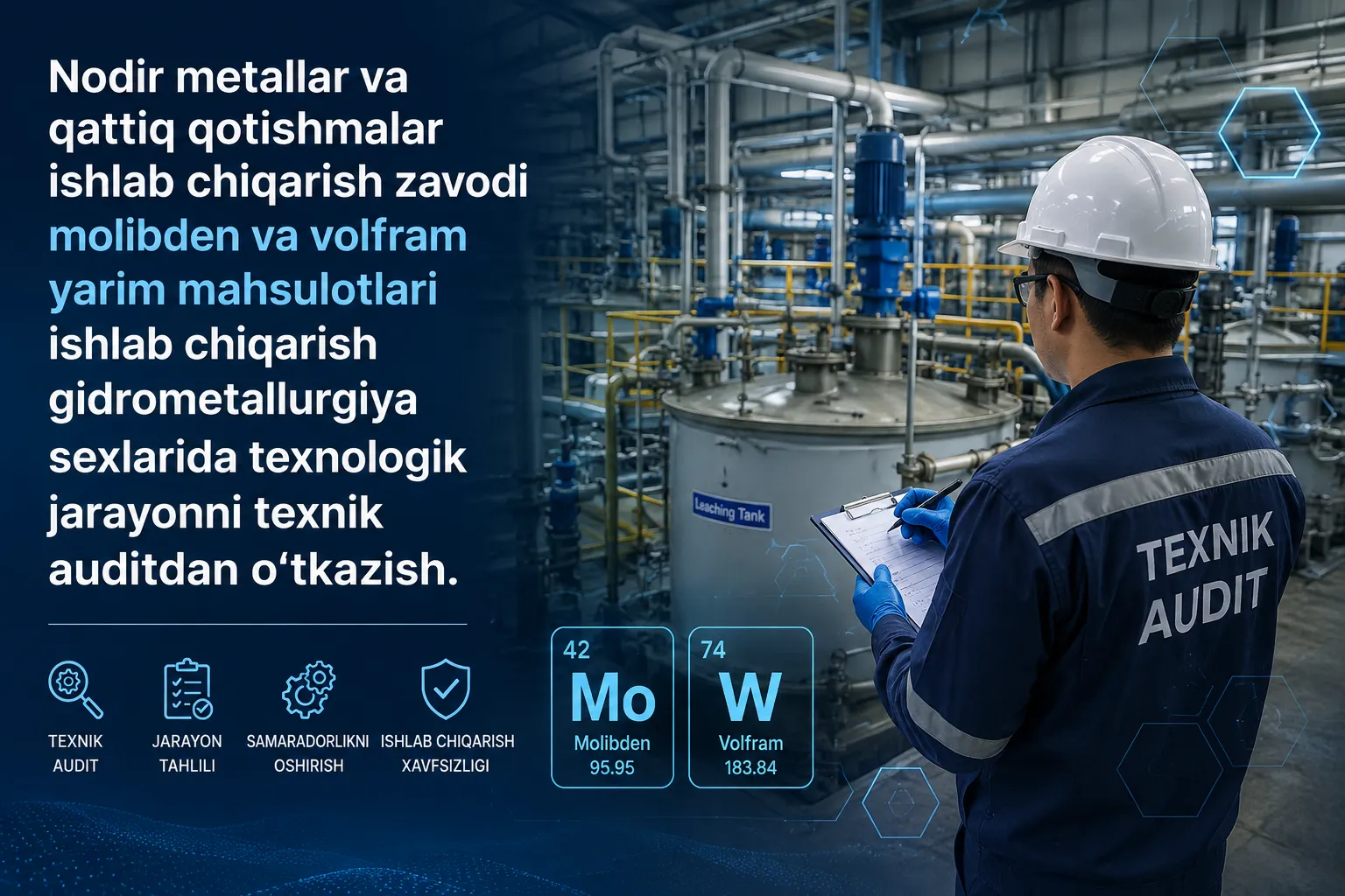Conducting a technical audit of the technological process in the hydrometallurgical workshops for the production of molybdenum and tungsten semi-products of the Rare Metals and Hard Alloys Production Plant.