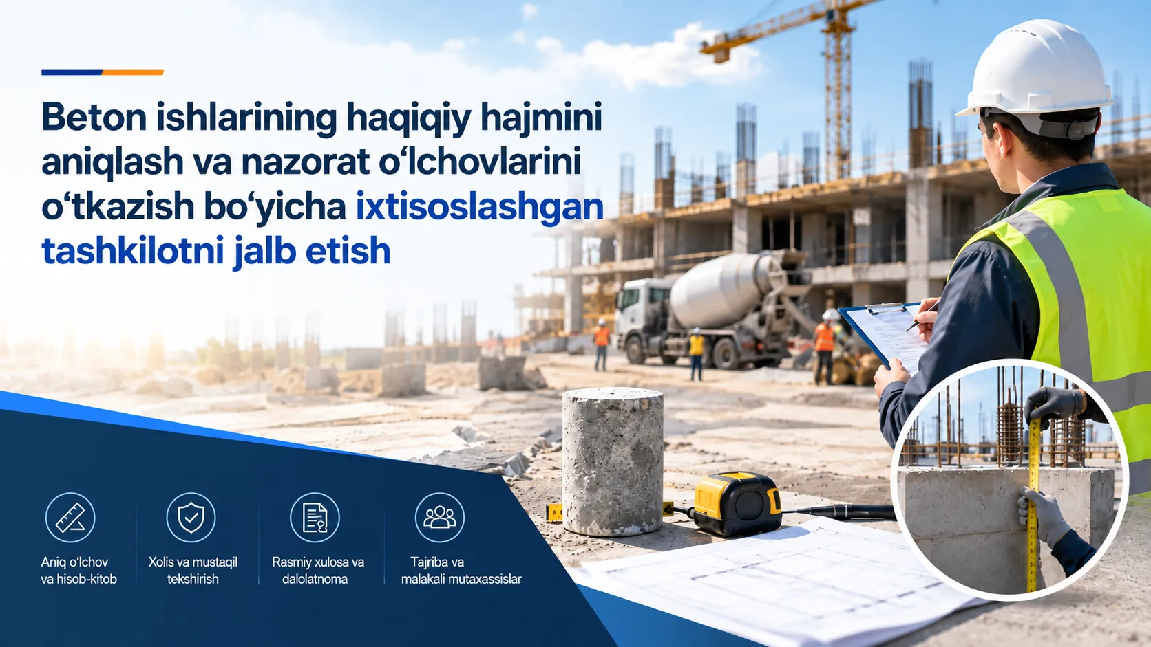 Beton ishlarining haqiqiy hajmini aniqlash va nazorat o‘lchovlarini o‘tkazish bo‘yicha ixtisoslashgan tashkilotni jalb etish.