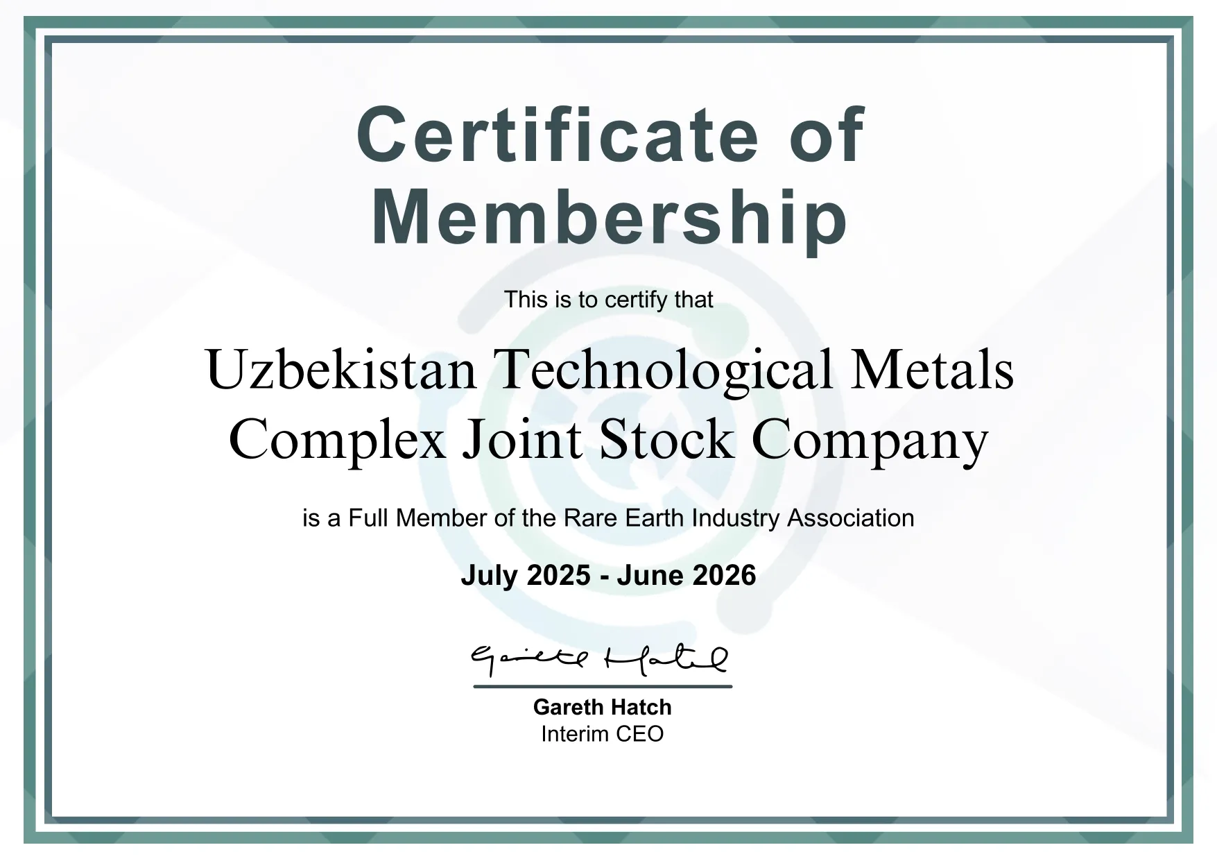 Certificate of Membership in the Association of the Rare Earth Metals Industry