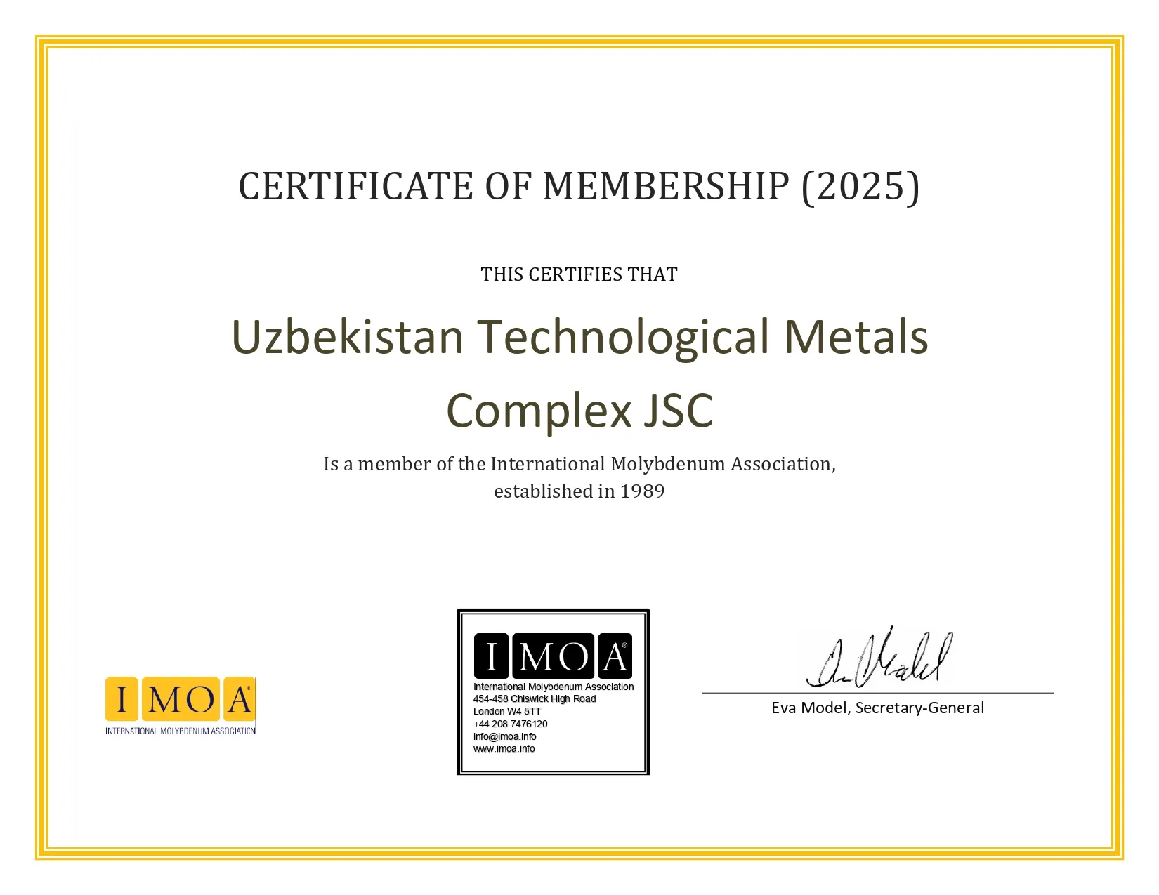 International Molybdenum Association Membership Certificate