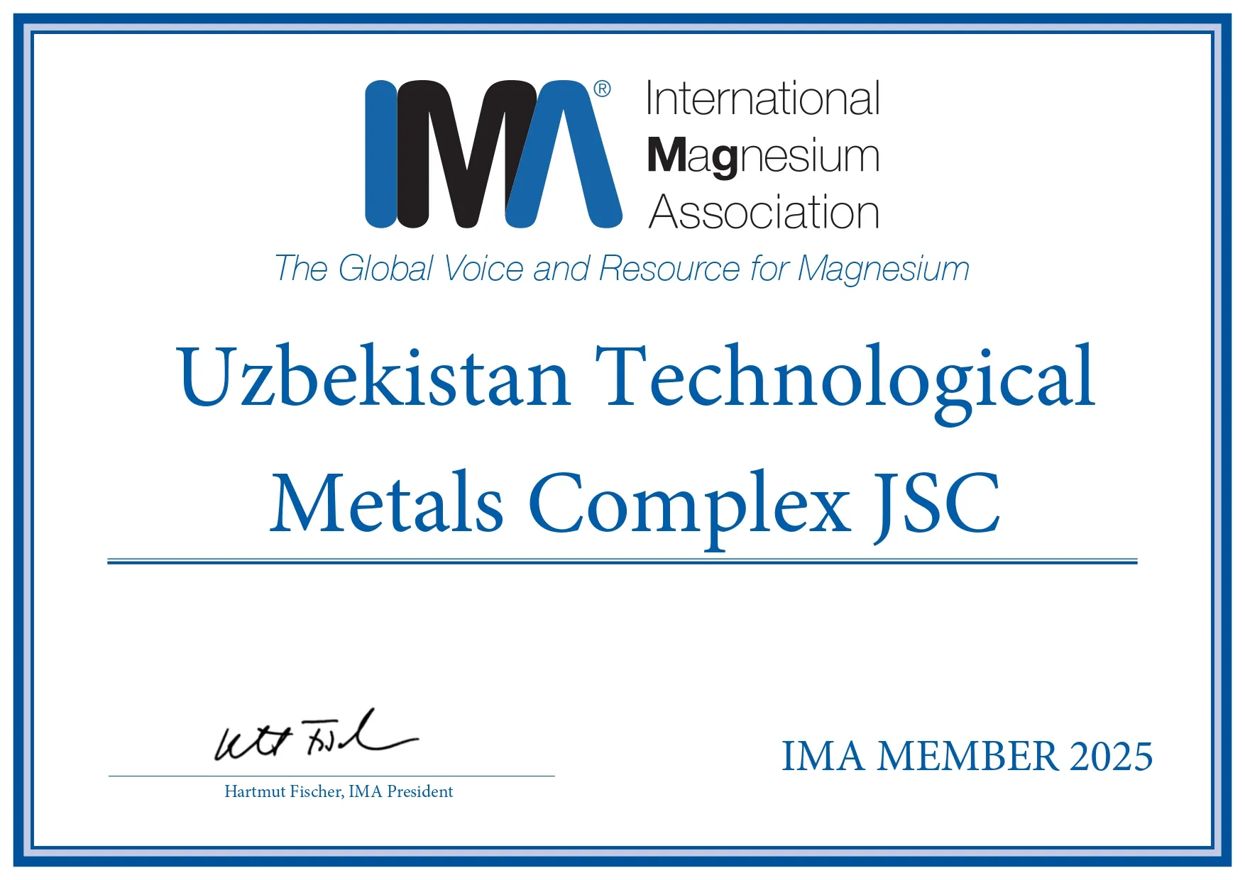 International Magnesium Association Membership Certificate