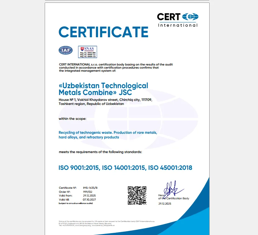 ISO 9001:2015, ISO 14001:2015, ISO 45001:2018