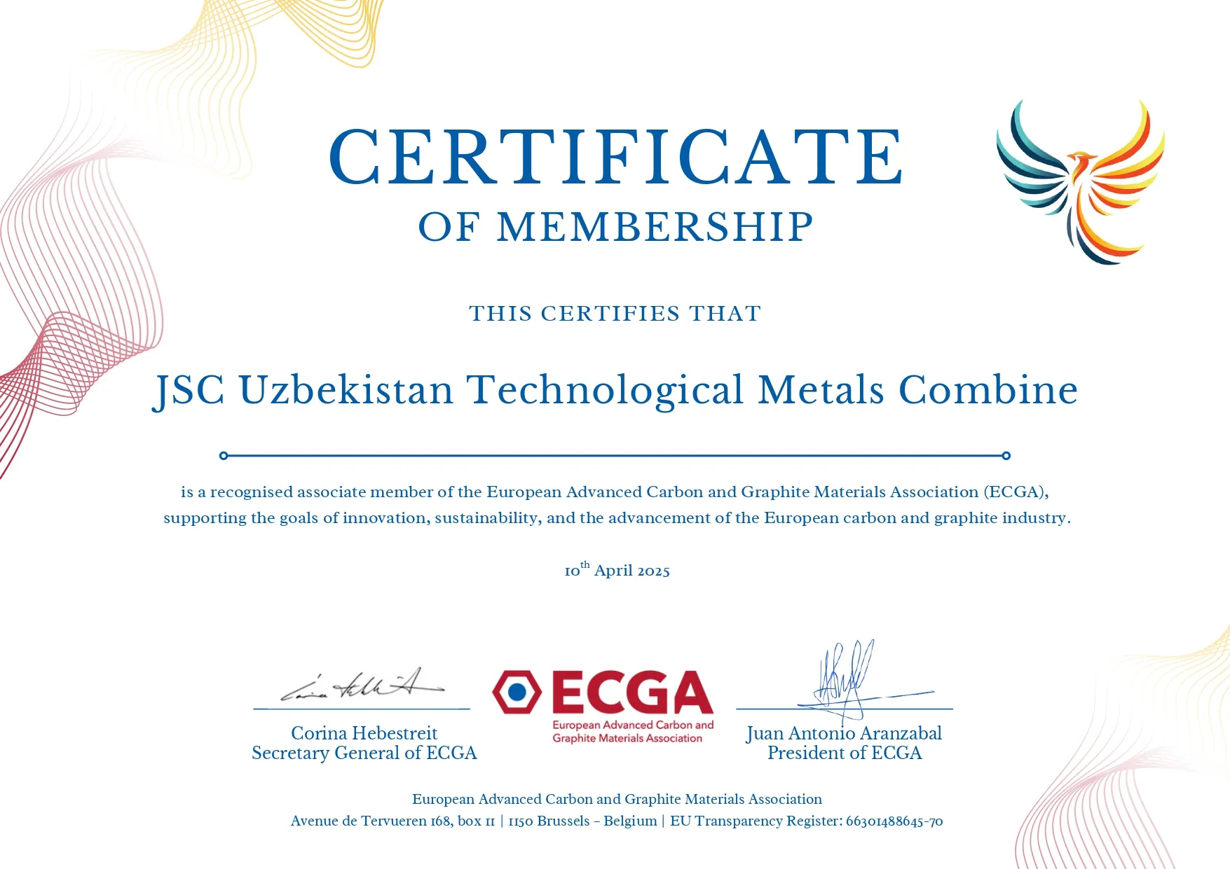 Certificate of Membership in the European Union of Graphite and Carbon Materials